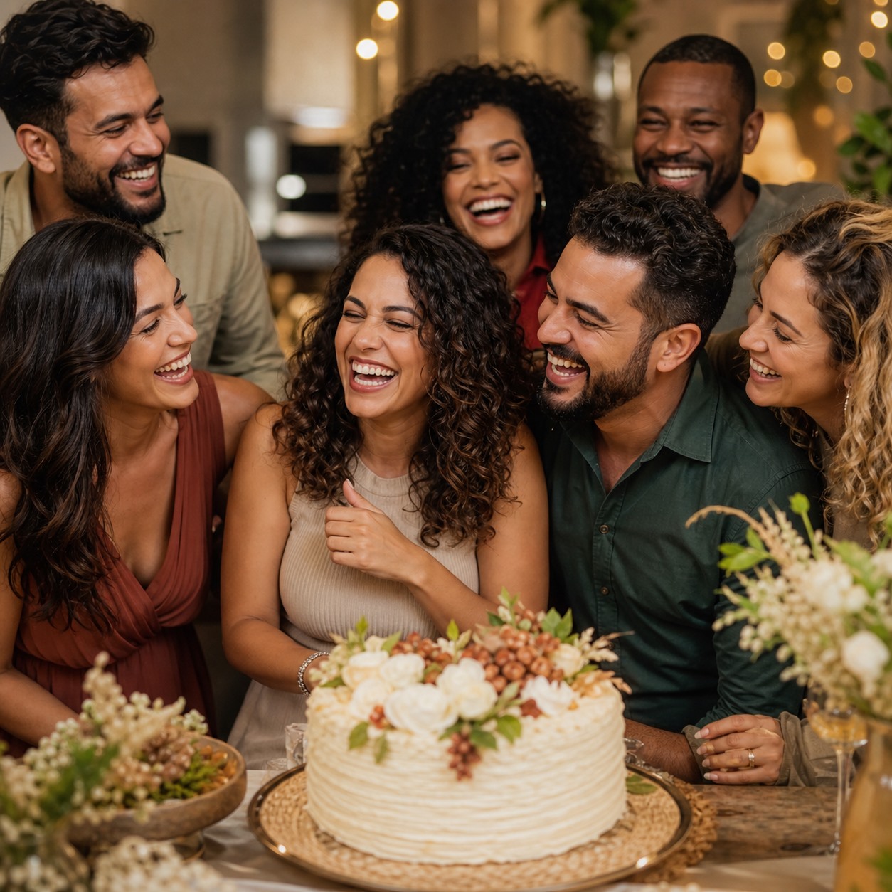 Convidados de uma festa de aniversário gravando um recado pelo celular
