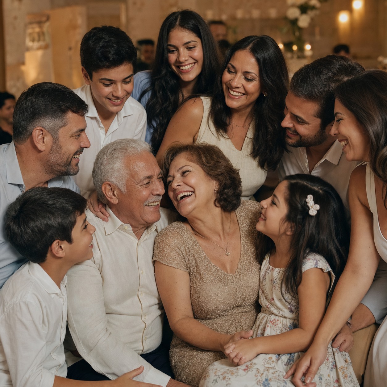 Casal de idosos numa festa de bodas, cercado pela família