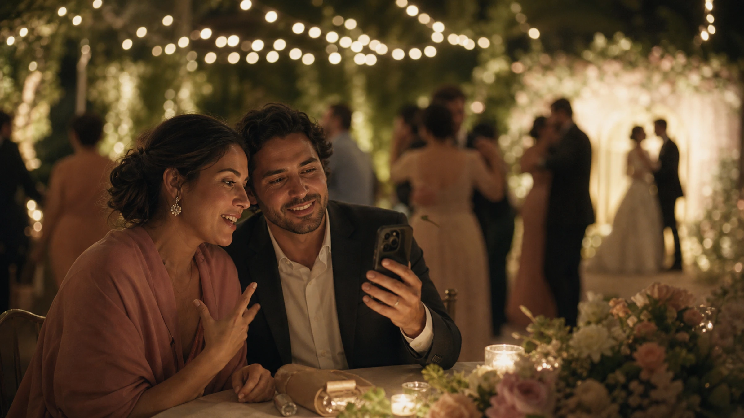 Convidados de casamento olhando juntos a foto no celular