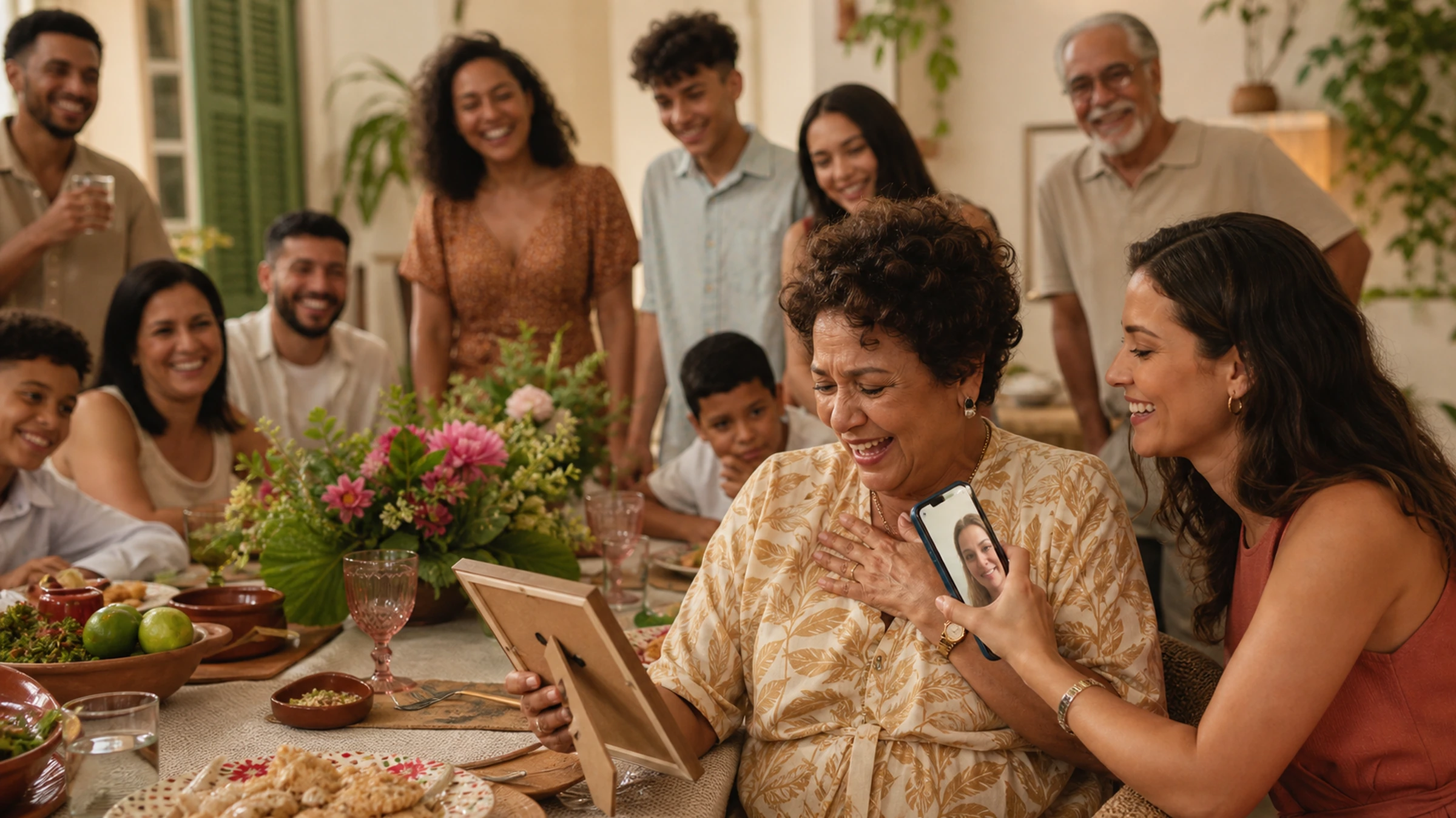 Família reunida numa festa, olhando juntos a foto no celular