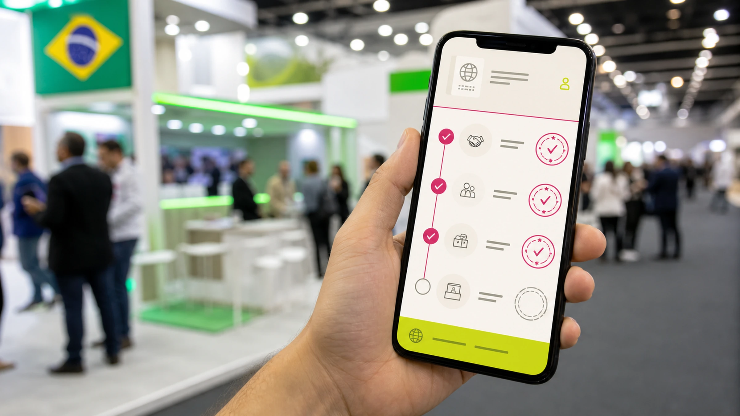 Mãos de um visitante segurando o celular com o crachá do evento em primeiro plano