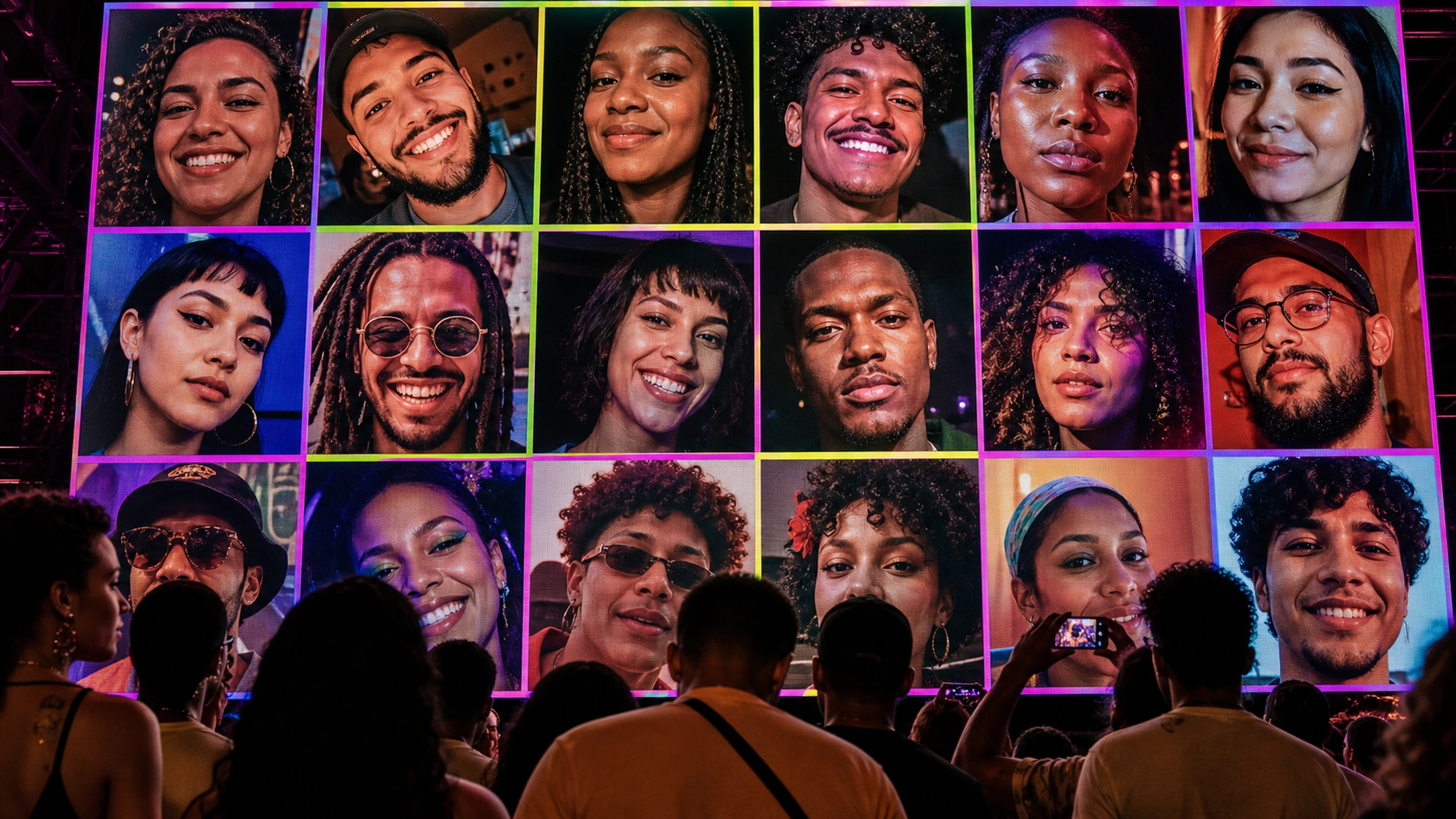 Telão de festival exibindo um mosaico de fotos do público.