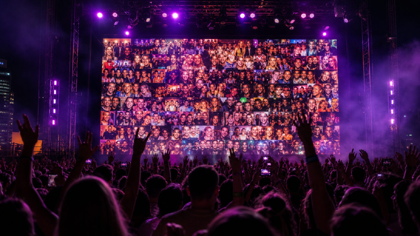 Arena de festival à noite, com o público de braços erguidos diante do telão de rostos.