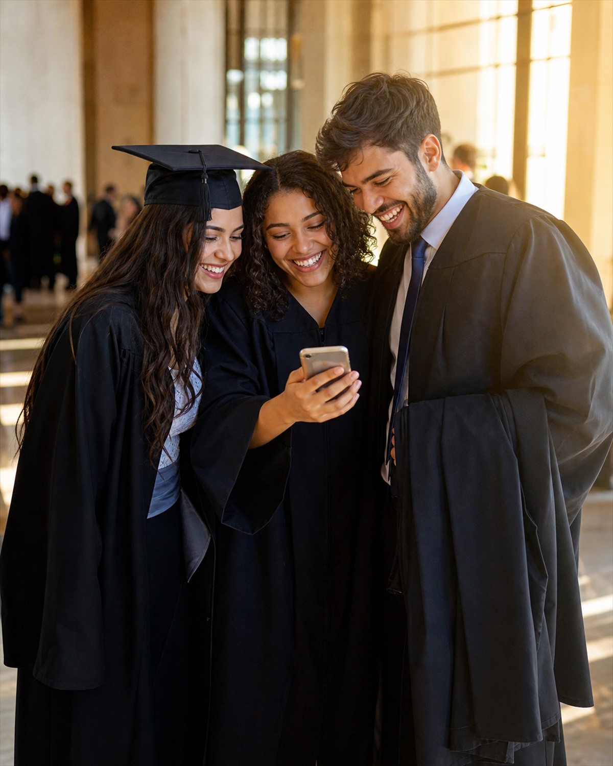 Três formandos de beca olhando juntos a tela de um celular