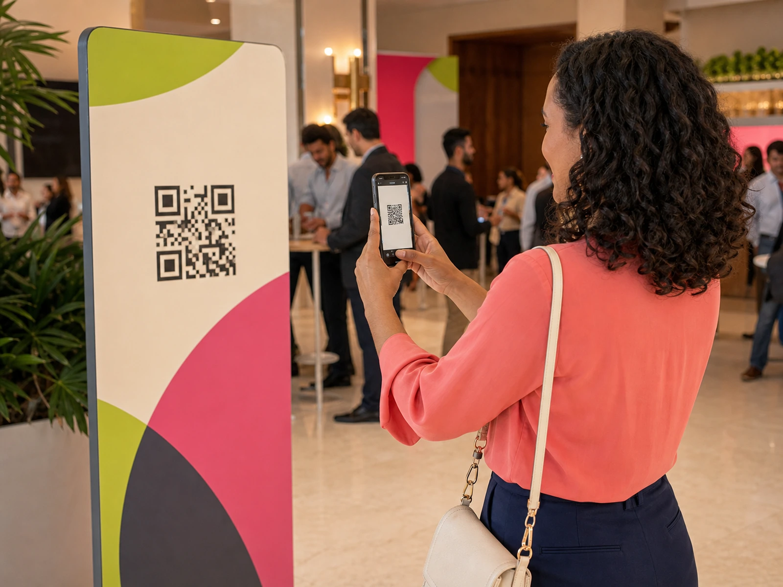 Mulher de blusa coral aponta o celular para um QR Code em um totem durante um evento empresarial.