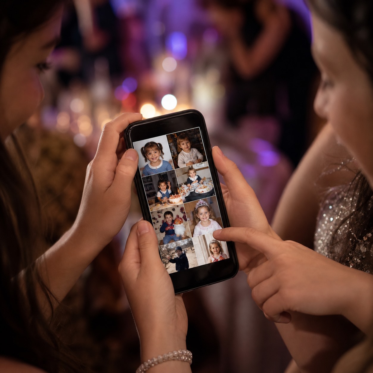 Álbum da festa aberto no celular, organizado por momento