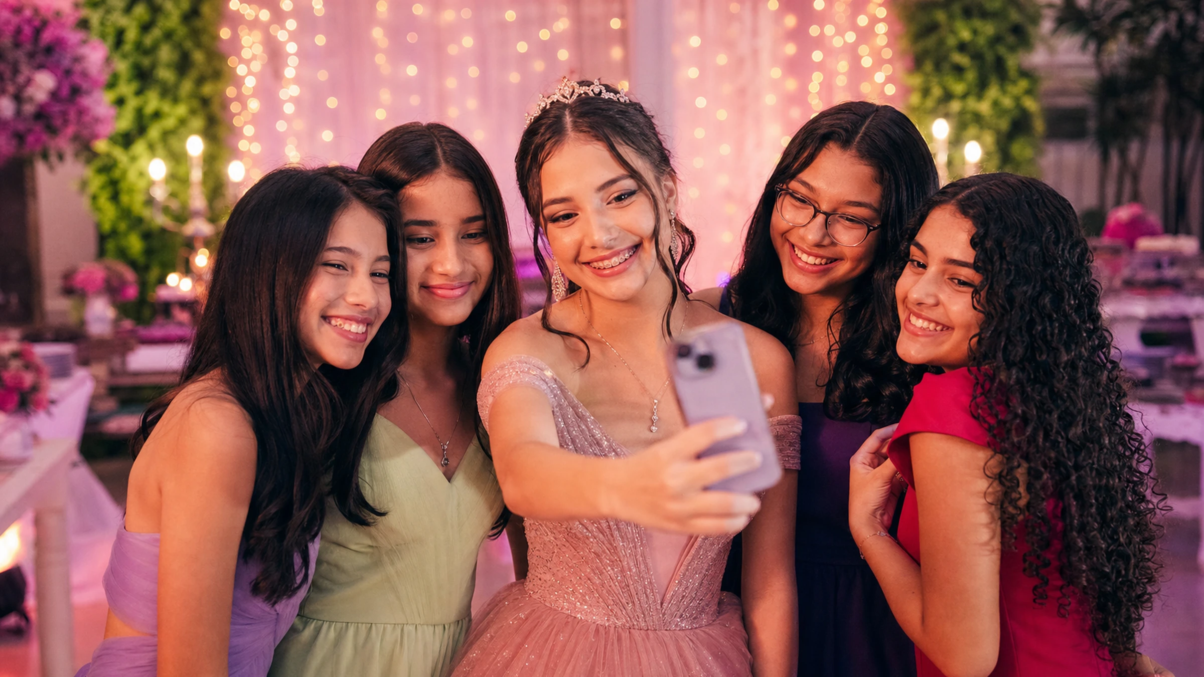 Debutante rodeada pelas amigas numa festa, celular na mão